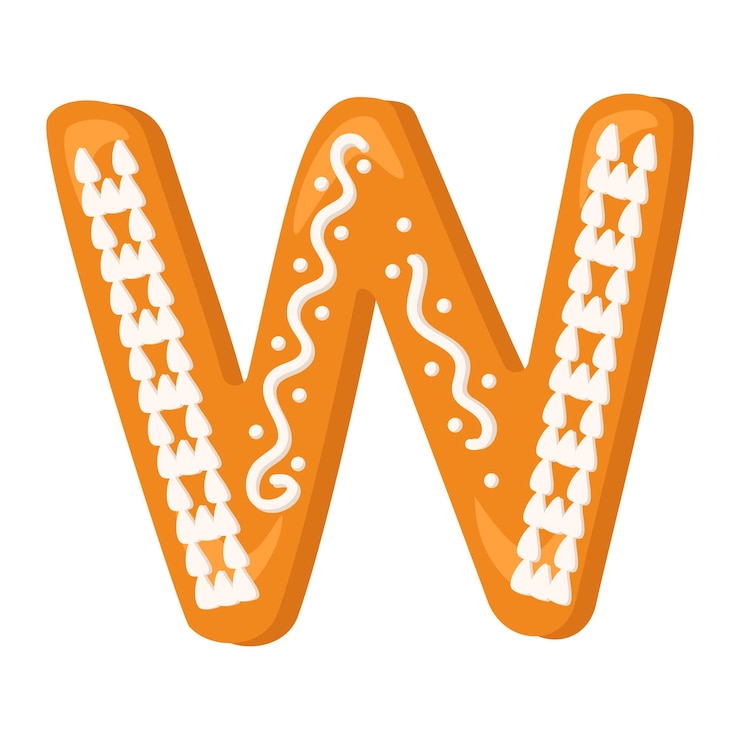 Vector letra w hecha de pan de jengibre glaseado símbolo de fuente festiva de feliz año nuevo y signo de navidad y letras de diferentes formas vector ilustración plana