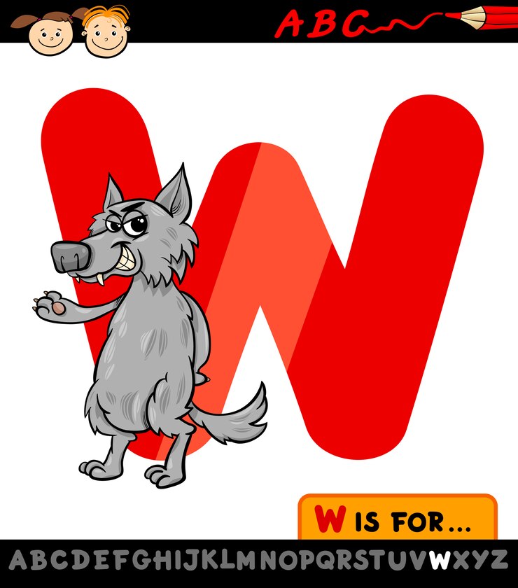 Vector letra w con la ilustración de dibujos animados de lobo