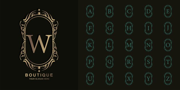 Letra W o alfabeto inicial de colección con plantilla de logotipo dorado de marco floral de adorno de lujo.