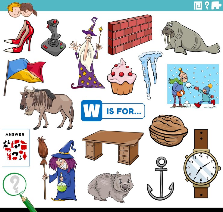 Vector letra w palabras tarea educativa para niños.