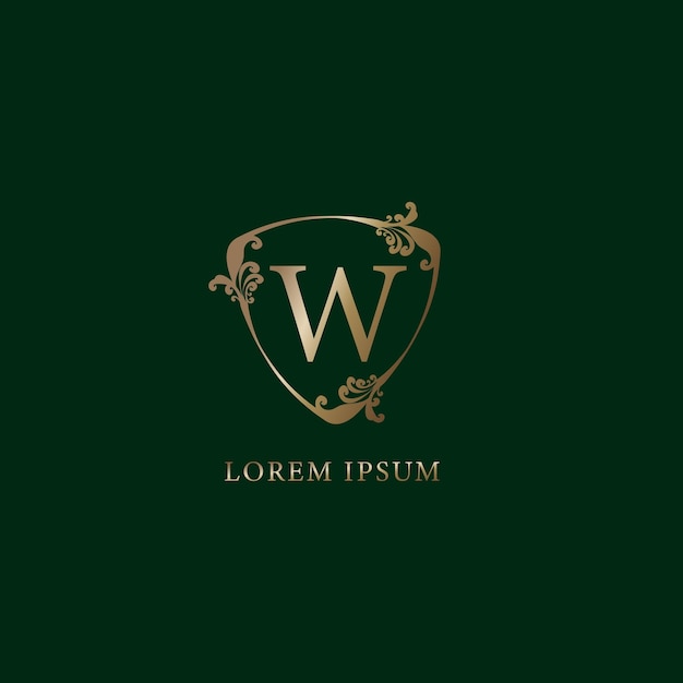 Letra W Plantilla de diseño de logotipo alfabético Ilustración de signo de escudo floral decorativo de oro de lujo Concepto de logotipo de seguro aislado sobre fondo verde oscuro