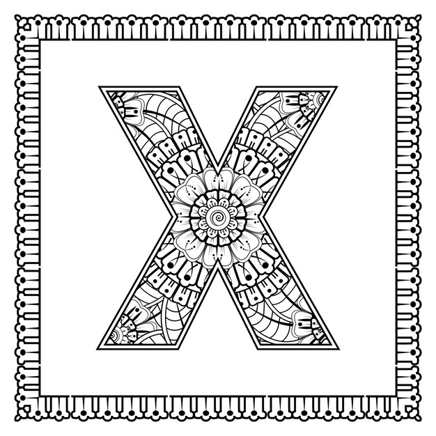 Letra X hecha de flores en estilo mehndi para colorear ilustración de vector de handdraw de contorno de página de libro