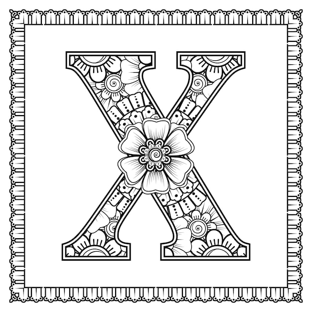 Letra X hecha de flores en estilo mehndi para colorear ilustración de vector de handdraw de contorno de página de libro