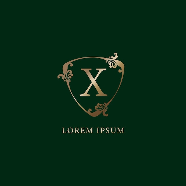 Letra x plantilla de diseño de logotipo alfabético ilustración de signo de escudo floral decorativo de oro de lujo concepto de logotipo de seguro aislado sobre fondo verde oscuro