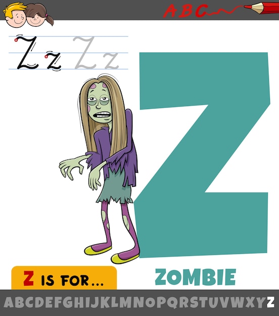 Letra z del alfabeto con personaje de dibujos animados zombie