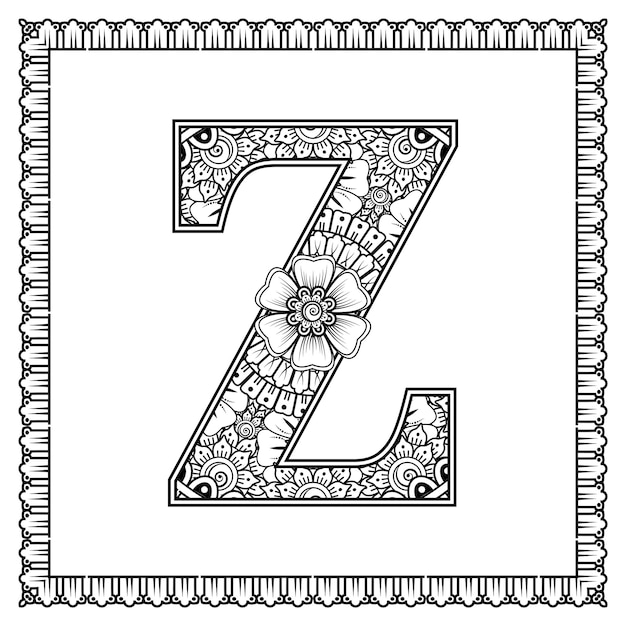 Letra Z hecha de flores en estilo mehndi para colorear ilustración de vector de handdraw de contorno de página de libro