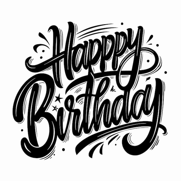 Letrado de feliz cumpleaños dibujado a mano en negro sobre fondo blanco