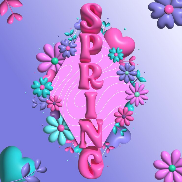 Letrado rosado de primavera con flores y corazones póster de fondo colorido con efecto de fuente inflada en 3D