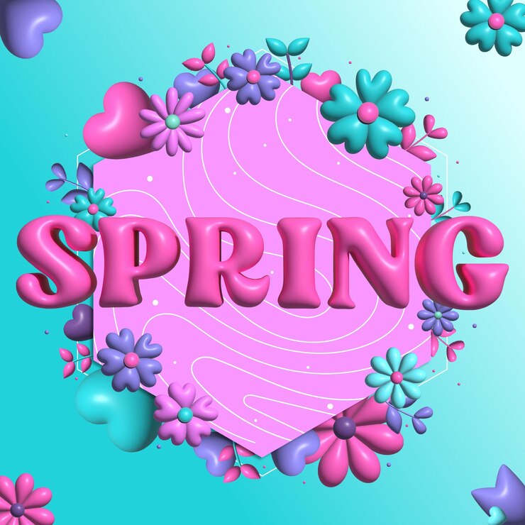 Letrado rosado de primavera con flores y corazones póster de fondo colorido con efecto de fuente inflada en 3D