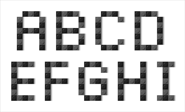Letras del alfabeto compuestas por bloques de juguete de ladrillo de plástico negro y gris sobre fondo blanco Tinta de ladrillos de construcción Ilustración de fondo vectorial