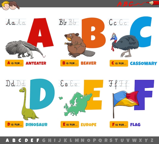 Vector letras del alfabeto de dibujos animados educativos para niños de la a a la f