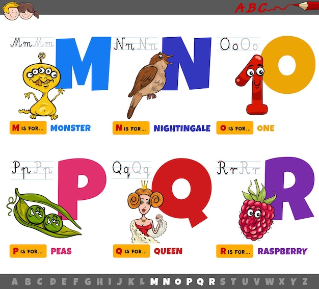 Letras del alfabeto de dibujos animados educativos para niños de M a R