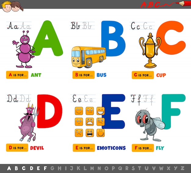 Letras del alfabeto de dibujos animados educativos para niños