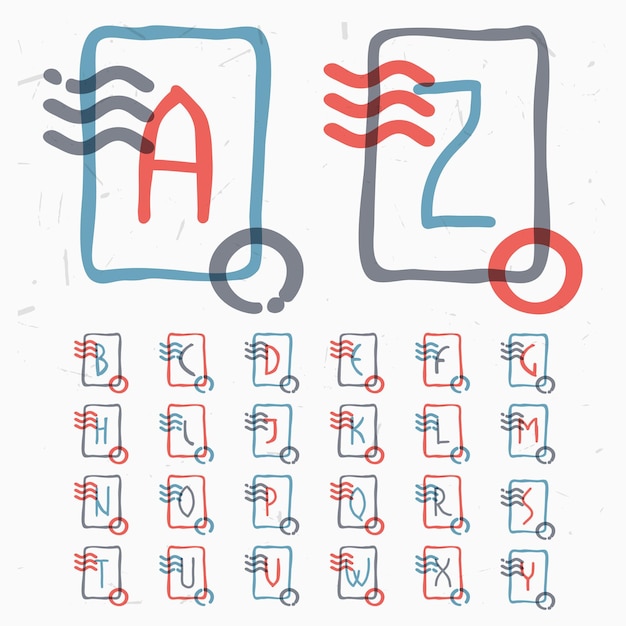 Letras del alfabeto en marco cuadrado con líneas onduladas y sello circular. Estilo de superposición de color. Tipografía de matasellos de vector para etiquetas, titulares, carteles, tarjetas, etc.