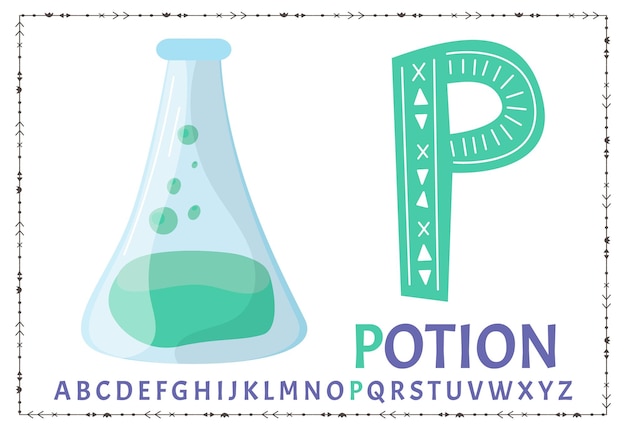 Letras del alfabeto en mayúsculas en inglés sobre un fondo blanco letra p ilustración vectorial botella de poción