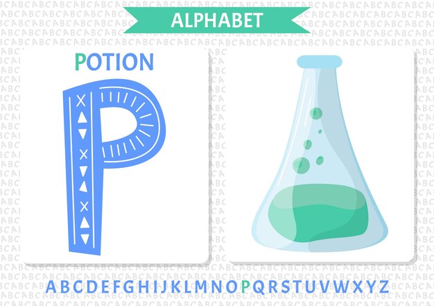 Letras del alfabeto en mayúsculas en inglés sobre un fondo blanco Letra P Ilustración vectorial botella de poción