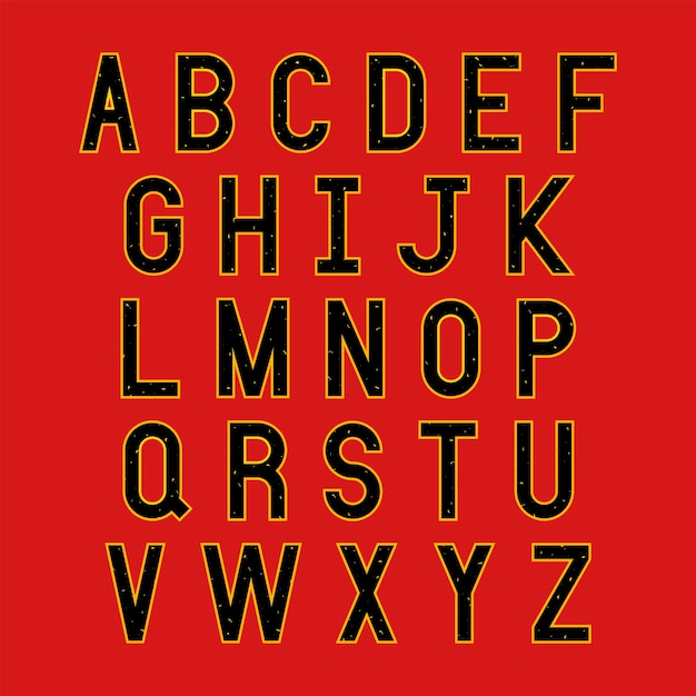 Vector letras del alfabeto negras y amarillas sobre fondo rojo.