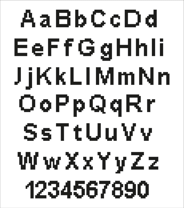 Vector letras del alfabeto de píxeles y signos de puntuación fuente o tipo de letra moderno y elegante para el título en el estilo de la tipografía de computadora vintage de videojuegos retro de los años 80