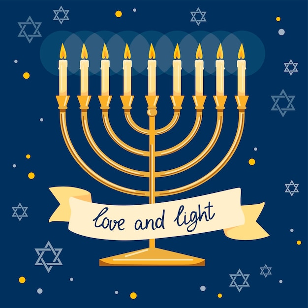 Vector letras de amor y luz con el cartel de tipografía tradicional judía menorah vela hanukkah