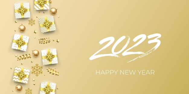 Letras de año nuevo 2023 sobre fondo dorado brillante