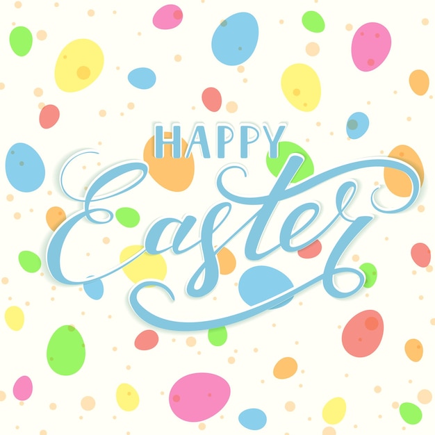 Letras azules Felices Pascuas con huevos coloridos y manchas sobre fondo blanco, ilustración.