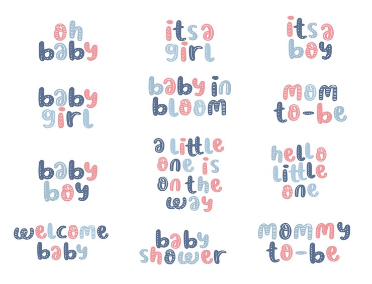 Letras de baby shower con decoración de línea. Conjunto de tarjetas vectoriales para baby shower con color pastel.