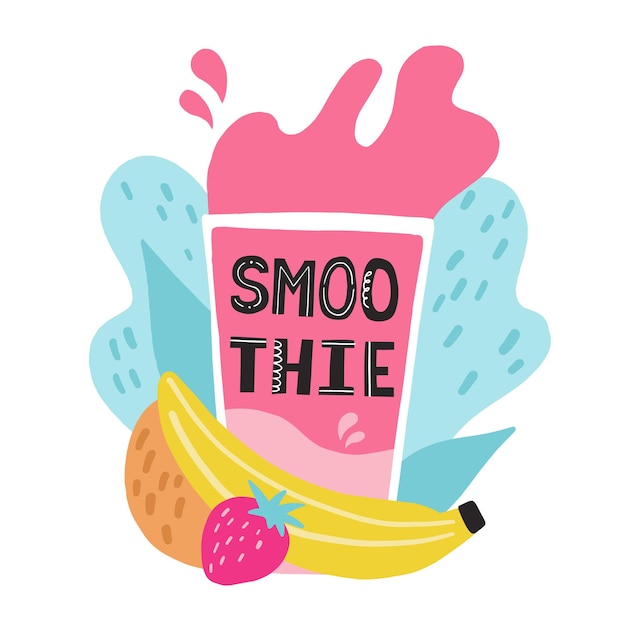 Vector letras de batido con un vaso. concepto de comida sana para banner, cartel, diseño de menú. ilustración de vector dibujado a mano.