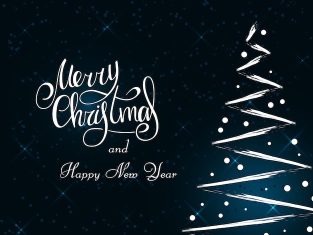 Letras blancas escritas a mano sobre un fondo azul oscuro. Árbol de Navidad blanco mágico de trazos de pincel con copos de nieve. Feliz navidad y próspero año nuevo 2022.
