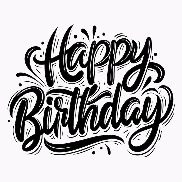 Letras en blanco y negro dibujadas a mano Feliz cumpleaños aisladas sobre fondo blanco