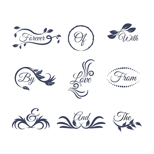 Vector letras de boda con diferentes adornos.