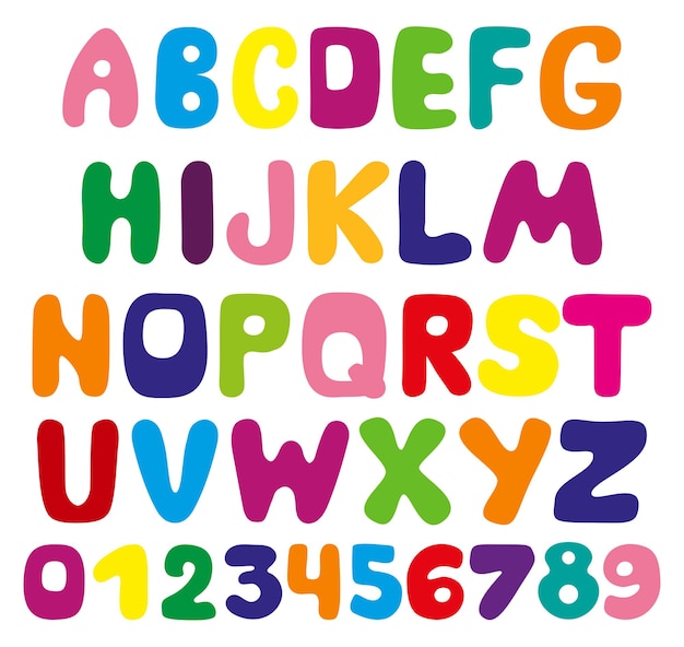 Letras brillantes del alfabeto y números para niños. fuente creativa de  vector original para titulares, señalización, carteles, educación y  decoración de una habitación infantil.