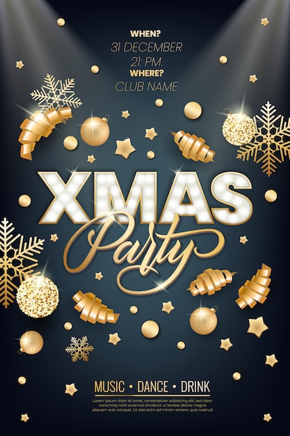 Letras brillantes de fiesta de Navidad con bombillas y un contorno dorado. Cartel de fiesta nocturna, tarjeta de felicitación, proyectos de plantilla