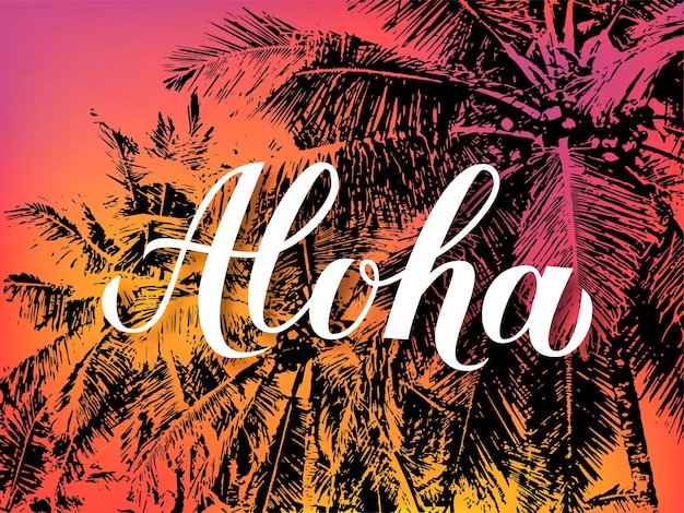 Letras de caligrafía aloha sobre fondo brillante con colores de puesta de sol y siluetas de palmeras banner de vacaciones de verano frase escrita a mano en idioma hawaiano hola ilustración vectorial