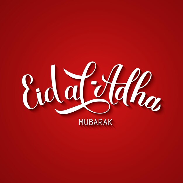 Letras de caligrafía de Eid alAdha Mubarak sobre fondo rojo Kurban Bayrami Cartel de tipografía de vacaciones musulmanas Fiesta tradicional islámica Plantilla vectorial para banner, tarjeta de felicitación, volante, etc.