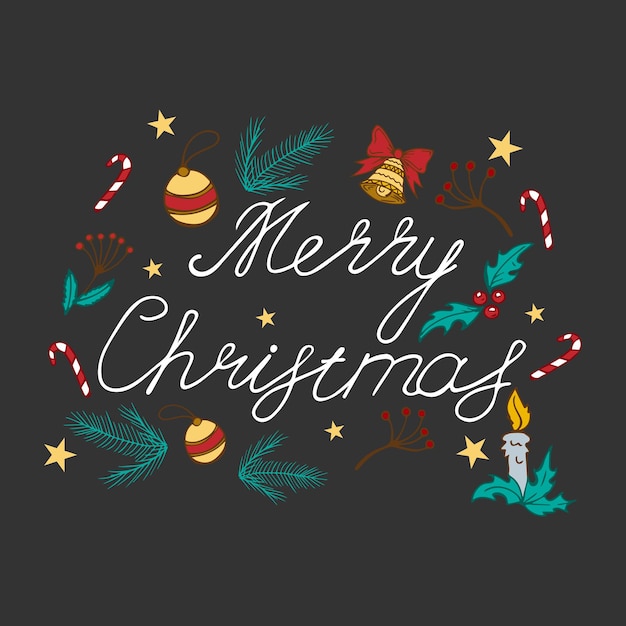 Letras de caligrafía de feliz Navidad aisladas sobre fondo oscuro web con elementos de vacaciones - Vector