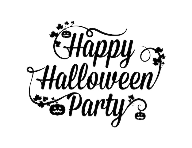 Letras de caligrafía de happy halloween party con shiluette de hojas y calabazas en sus brotes