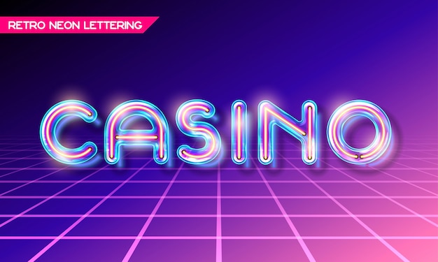 Letras de casino de cristal brillante de neón retro con transparencia y sombras