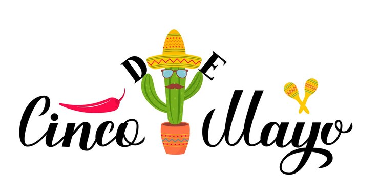 Vector letras de cinco de mayo con cactus de pimienta sombrero y maracas cartel de tipografía de fiesta mexicana plantilla vectorial para invitación de fiesta banner cartel tarjeta de felicitación volante, etc.