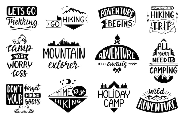 Letras de citas de aventura cintas y insignias negras con eslóganes de viaje insignias de acampada y senderismo o impresiones de camisetas conjunto vectorial neotérico