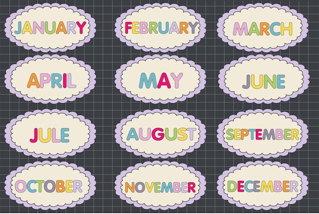 Vector letras coloridas decorativas dibujadas a mano de los meses del año con letras coloridas para el calendario