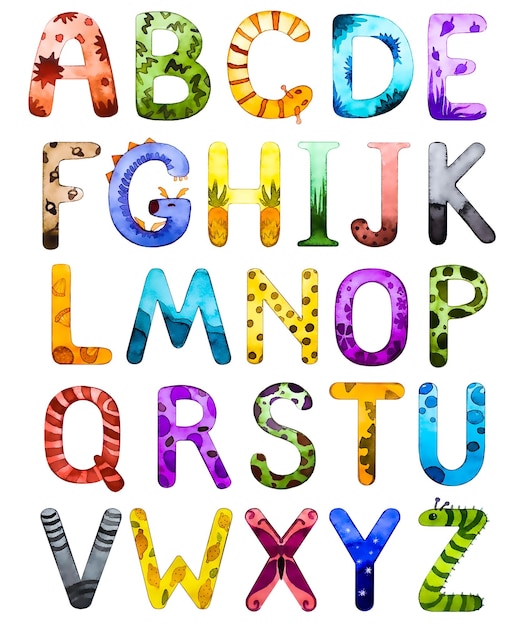 Letras coloridas de los niños del alfabeto de acuarela letra mayúscula del alfabeto latino con decoración