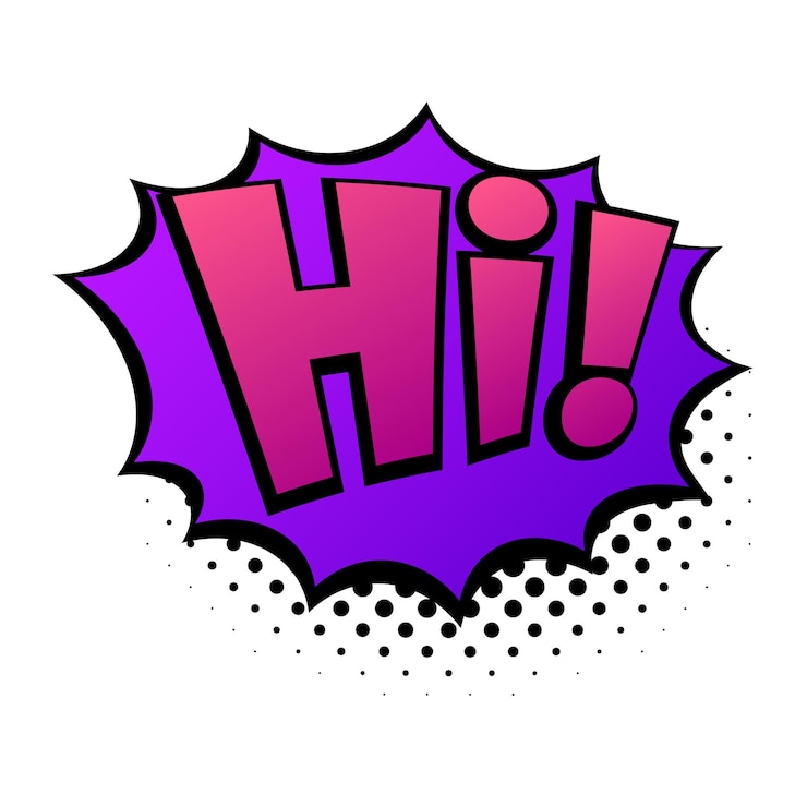Vector letras cómicas hola bocadillo de diálogo cómico con texto emocional hola vector brillante ilustración de dibujos animados