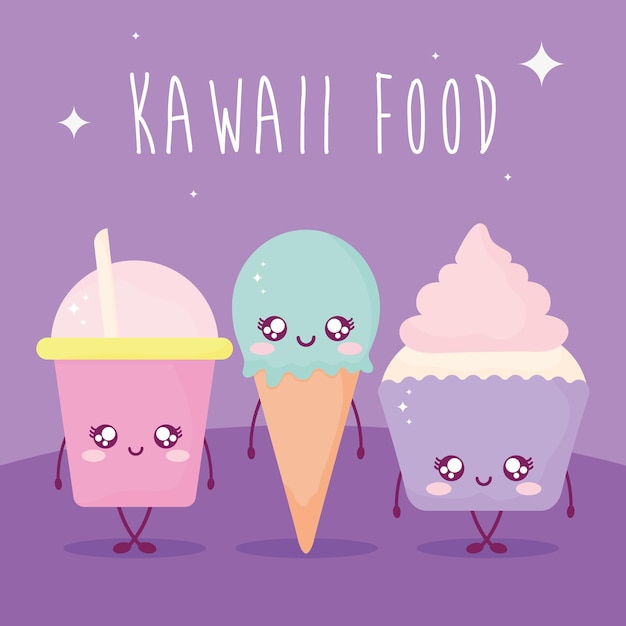 Letras de comida kawaii y juego de comida kawaii en morado