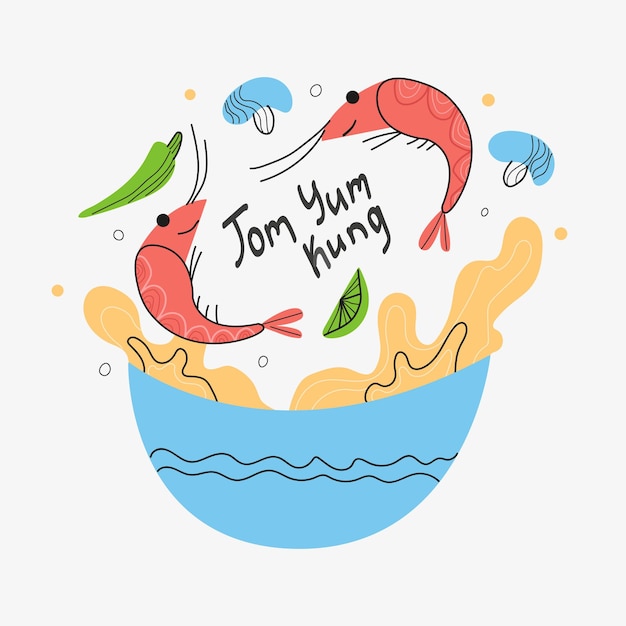 Letras de comida tailandesa tom yum kung , sopa con gambas, ilustración de fideos vectoriales