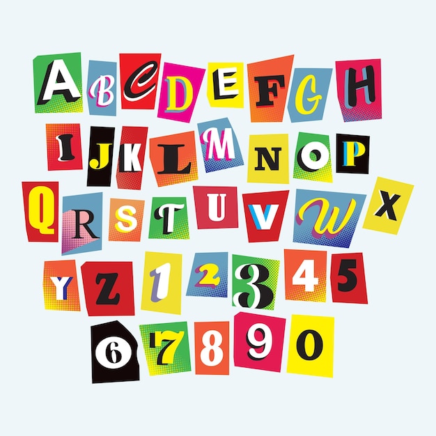 Letras cortadas y arrancadas de la revista sobre fondo de papel arrugado Elementos de diseño para tipografía creativa