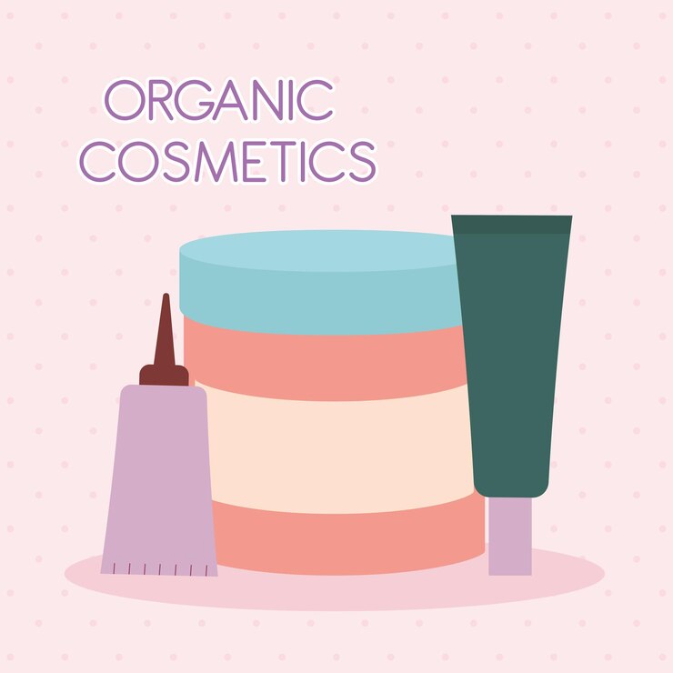 Vector letras de cosméticos orgánicos con un paquete de iconos de cosméticos orgánicos