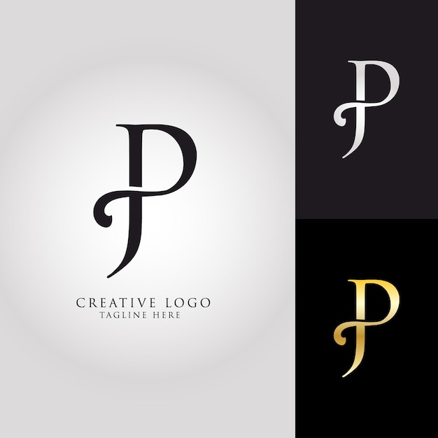 letras creativas y elegantes del logotipo J y P con colores oro blanco negro