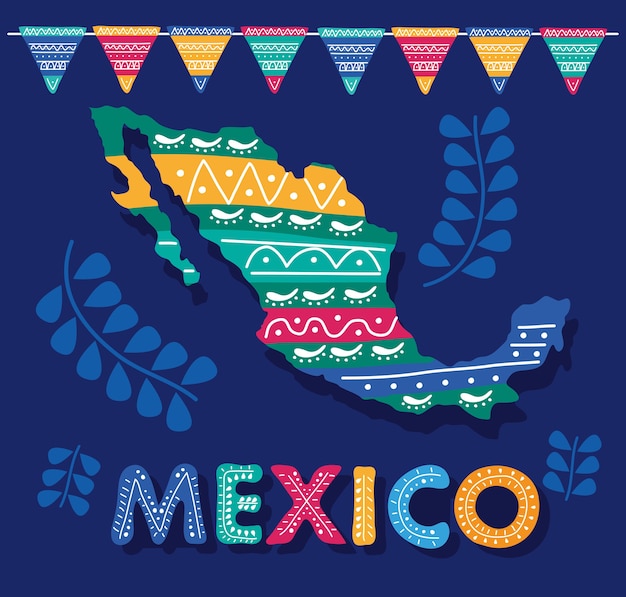 Letras del día de celebración de méxico con mapa mexicano y guirnaldas