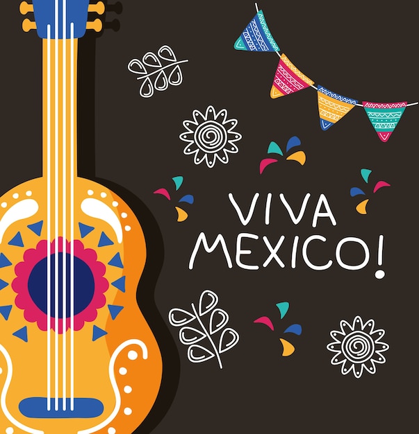 Letras del día de celebración de viva mexico con guitarra y guirnaldas