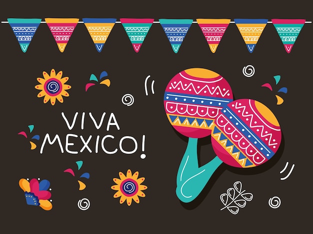 Letras del día de celebración de viva mexico con maracas y guirnaldas